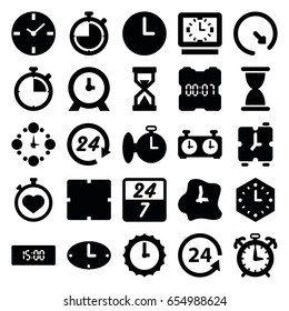Hour icons set. set of 25 hour filled icons such as clock, stopwatch, 24 support, wall clock, sundial, 24 hours, 24 7 hour, hourglass, digital clock