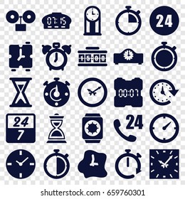 Hour icons set. set of 25 hour filled icons such as hourglass, clock, time, wall clock, wrist watch with sun, 24 hours, 24 7 hour, pendulum, alarm, stopwatch