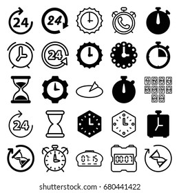 Hour icons set. set of 25 hour filled and outline icons such as 24 hours, hourglass, wall clock, sundial, gear clock, alarm, stopwatch, 24 support