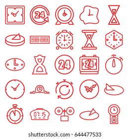 Hour icons set. set of 25 hour outline icons such as clock, 24 support, hourglass, wall clock, sundial, 24 hours, pendulum, digital clock, alarm