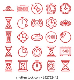 Hour icons set. set of 25 hour outline icons such as alarm, hourglass, wall clock, sundial, wrist watch with sun, pendulum, clock