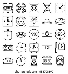 Hour icons set. set of 25 hour outline icons such as hourglass, 24 support, wall clock, sundial, wrist watch with sun, clock, digital clock, alarm