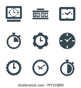 Hour icons. set of 9 editable filled hour icons such as clock, wall clock, sundial