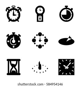 hour icons set. Set of 9 hour filled icons such as wall clock, sundial, hourglass, clock, pendulum, alarm