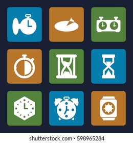 hour icons set. Set of 9 hour filled icons such as wall clock, sundial, wrist watch with sun, hourglass, clock, stopwatch