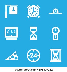 Hour icons set. set of 9 hour filled icons such as sundial, 24 hour, hourglass, clock, pendulum