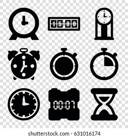 Hour icons set. set of 9 hour filled icons such as clock, hourglass, wall clock, pendulum, digital clock, alarm