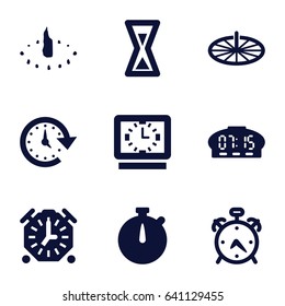 Hour icons set. set of 9 hour filled icons such as alarm, time, sundial, hourglass, clock, digital clock