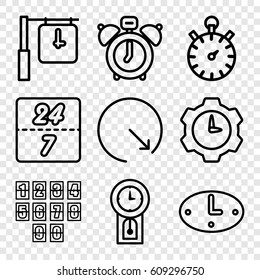 Hour icons set. set of 9 hour outline icons such as wall clock, 24 7 hour, pendulum, digital clock