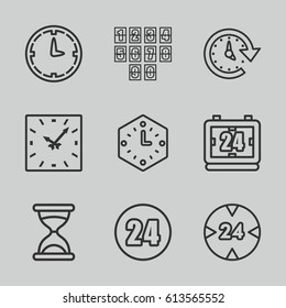 Hour icons set. set of 9 hour outline icons such as hourglass, time, wall clock, 24 hours, 24 hour, clock