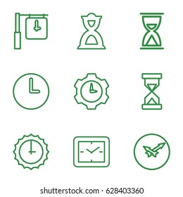 Hour icons set. set of 9 hour outline icons such as hourglass, wall clock, sundial, clock