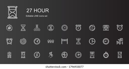 los iconos de hora. La recolección de hora con el tiempo es dinero, reloj, reloj de pared, reloj de pared, reloj, hora, fin, reloj despertador, cronómetro, despertador, horas. Iconos de hora modificables y escalables.