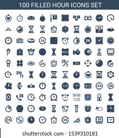 hour icons. Trendy 100 hour icons. Contain icons such as clock, stopwatch, sundial, hours, alarm, wall clock, hourglass, pendulum, digital time. hour icon for web and mobile.