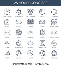 hour icons. Trendy 25 hour icons. Contain icons such as wall clock, stopwatch, clock alarm, clock, alarm, sundial, digital hours, hourglass. hour icon for web and mobile.