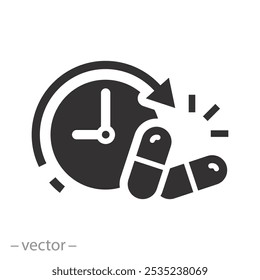 hour pills treatment, time taking dose medication icon, ingestion tablets reminder, flat vector illustration