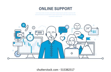 Hour technical support, call center, consultation and communication, information technology, communication tools. Illustration thin line design of vector doodles, infographics elements.