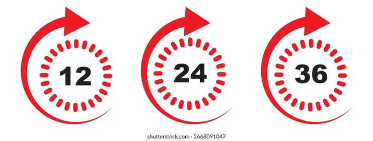 Icono de temporizador de hora colección con 12, 24, 36 horas, 48 horas y 72 horas Logotipo de Vector de cuenta regresiva pegatinas en color rojo y negro Vector Icono