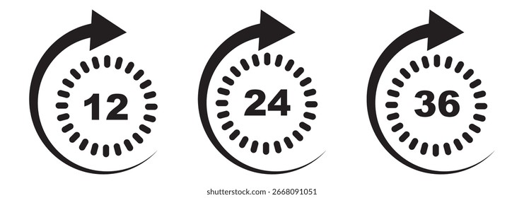 Icono de temporizador de hora colección con 12, 24, 36 horas, 48 horas y 72 horas Logotipo de Vector de cuenta regresiva pegatinas en color rojo y negro Vector Icono