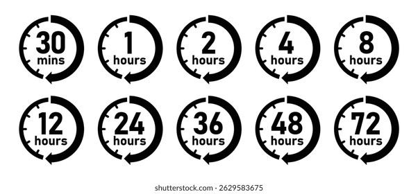 Conjunto de ícones do temporizador de horas. 1, 2, 4, 8, 12, 24, 36 48, 72 horas relógio relógio ícone vetor coleção. Temporizador, contagem regressiva, relógio, cronômetro vetor em preto e branco. Estilo plano.