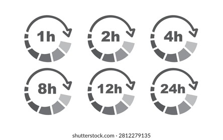 Hour timer icon set. 1, 2, 4, 8, 12, 24, hours timer clock, icon, vector.   