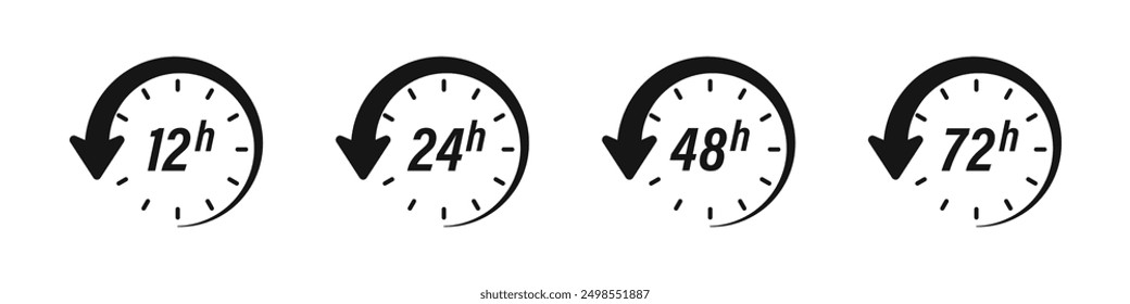 Iconos del temporizador. Icono de reloj de 12, 24, 48 y 72 horas. 24 horas icono de Vector.