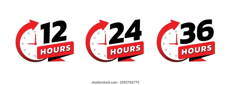 Hour timer icons. 12, 24 and 36 hours, clock face icon. Timer showing hours. Flat icon vector isolated on white background.