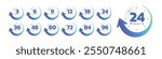 Hour timer icons. 3, 6, 9, 12, 18, 24, 36, 48, 60, 72, 84  and 96 hours, clock face icon. Timer showing hours. 24 hours icon vector.