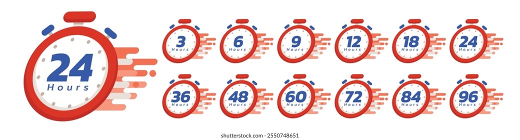 Hour timer icons. 3, 6, 9, 12, 18, 24, 36, 48, 60, 72, 84  and 96 hours, clock face icon. Timer showing hours. 24 hours icon vector.