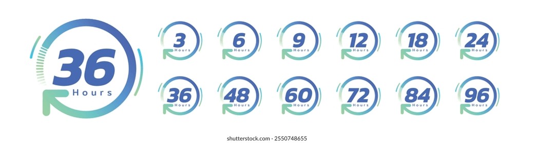 Iconos del temporizador. 3, 6, 9, 12, 18, 24, 36, 48, 60, 72, 84 y 96 horas, icono de la cara del reloj. Temporizador que muestra las horas. 24 horas icono de Vector.