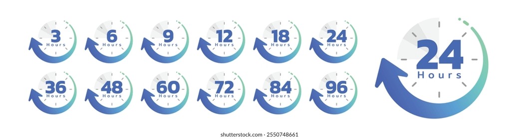 Hour timer icons. 3, 6, 9, 12, 18, 24, 36, 48, 60, 72, 84  and 96 hours, clock face icon. Timer showing hours. 24 hours icon vector.