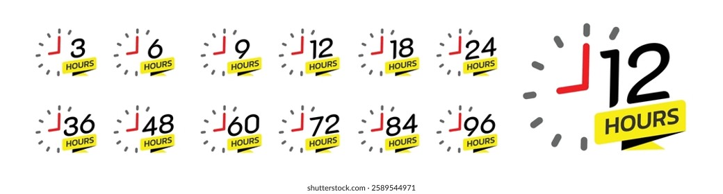 Hour timer icons. 3, 6, 9, 12, 18, 24, 36, 48, 60, 72, 84  and 96 hours, clock face icon. Timer showing hours. 24 hours icon vector.