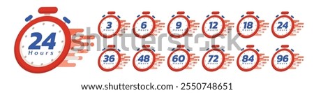 Hour timer icons. 3, 6, 9, 12, 18, 24, 36, 48, 60, 72, 84  and 96 hours, clock face icon. Timer showing hours. 24 hours icon vector.