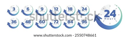 Hour timer icons. 3, 6, 9, 12, 18, 24, 36, 48, 60, 72, 84  and 96 hours, clock face icon. Timer showing hours. 24 hours icon vector.