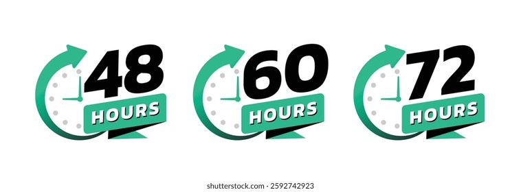 Hour timer icons. 48, 60 and 72 hours, clock face icon. Timer showing hours. Flat icon vector isolated on white background.