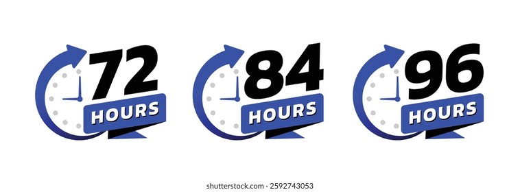 Hour timer icons. 72, 84 and 96 hours, clock face icon. Timer showing hours. Flat icon vector isolated on white background.