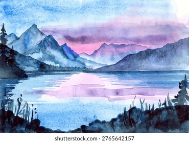 At the hour when the sun sets, the sky turns shades of purple and pink. A lake captures the soft hues of the evening light, reflecting the colors onto its calm surface. Dark silhouettes of trees and mountains frame the scene on both sides, creating a natural border. The stillness of the water is a contrast to the colors above, forming a peaceful backdrop. This moment showcases the beauty of nature during the transition from day to night