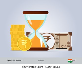 Hourglass with 10 Indian Rupee Banknote and coins. Flat style vector illustration. Time and Business concept.