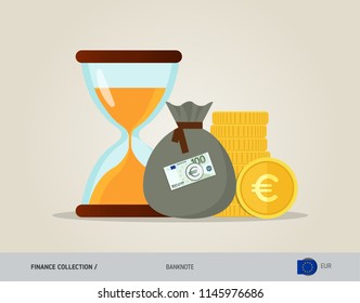Hourglass with 100 Euro Banknote, coins and money bag. Flat style vector illustration. Time and Business concept.