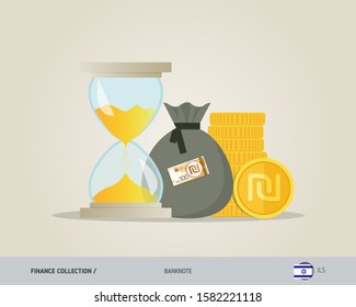 Hourglass with 100 Israeli New Shekel, coins and money bag. Flat style vector illustration. Time and Business concept. 