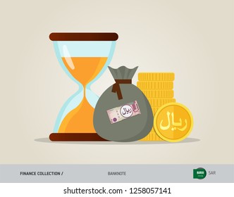Hourglass with 100 Saudi Arabia Riyal, coins and money bag. Flat style vector illustration. Time and Business concept.