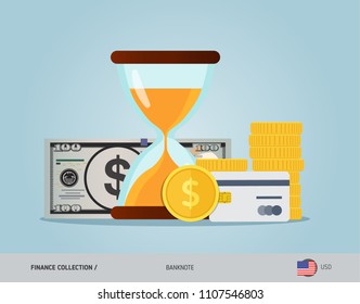 Hourglass with 100 US Dollar Banknote, coins and credit card. Flat style vector illustration. Time and Business concept.