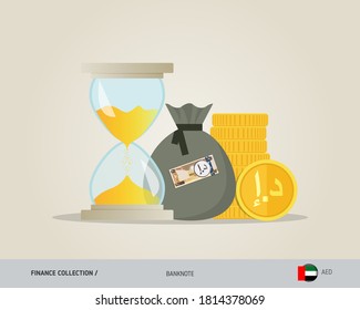 Hourglass with 200 United Arab Emirates Dirham, coins and money bag. Flat style vector illustration. Time and Business concept.