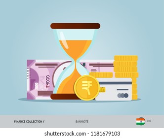 Hourglass with 2000 Indian Rupee Banknote, coins and credit card. Flat style vector illustration. Time and Business concept.