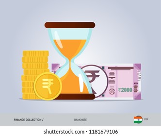 Hourglass with 2000 Indian Rupee Banknote and coins. Flat style vector illustration. Time and Business concept.