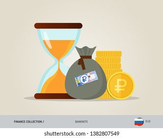 Hourglass with 2000 Russian Ruble, coins and money bag. Flat style vector illustration. Time and Business concept.
