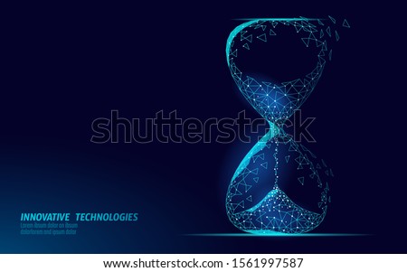 Hourglass 3D low poly dark time of life concept. Deadline present future and past hours gone. Time stream flow value. Creative opportunity ideas schedule vector illustration