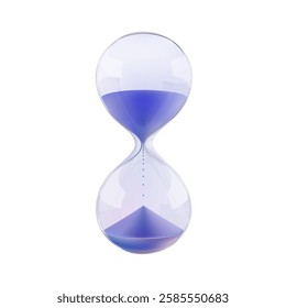 Hourglass 3d time budget concept. Blue sand in crystal glass bulb count hour, minute and seconds. Sale promo vector timer countdown. Deposit tax payment reminder. Alarm clock dont miss shop game icon