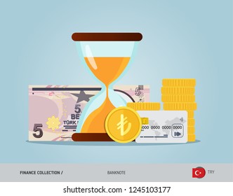 Hourglass with 5 Turkish Lira Banknote, coins and credit card. Flat style vector illustration. Time and Business concept. 