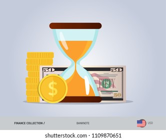 Hourglass with 50 US Dollar Banknote and coins. Flat style vector illustration. Time and Business concept.