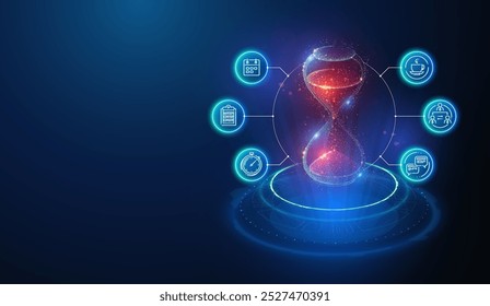 Ilustración geométrica abstracta de reloj de arena hecha de partículas de neón. Arte digital de relojes de vidrio de arena con iconos lineales sobre el tema de la gestión del tiempo de negocios